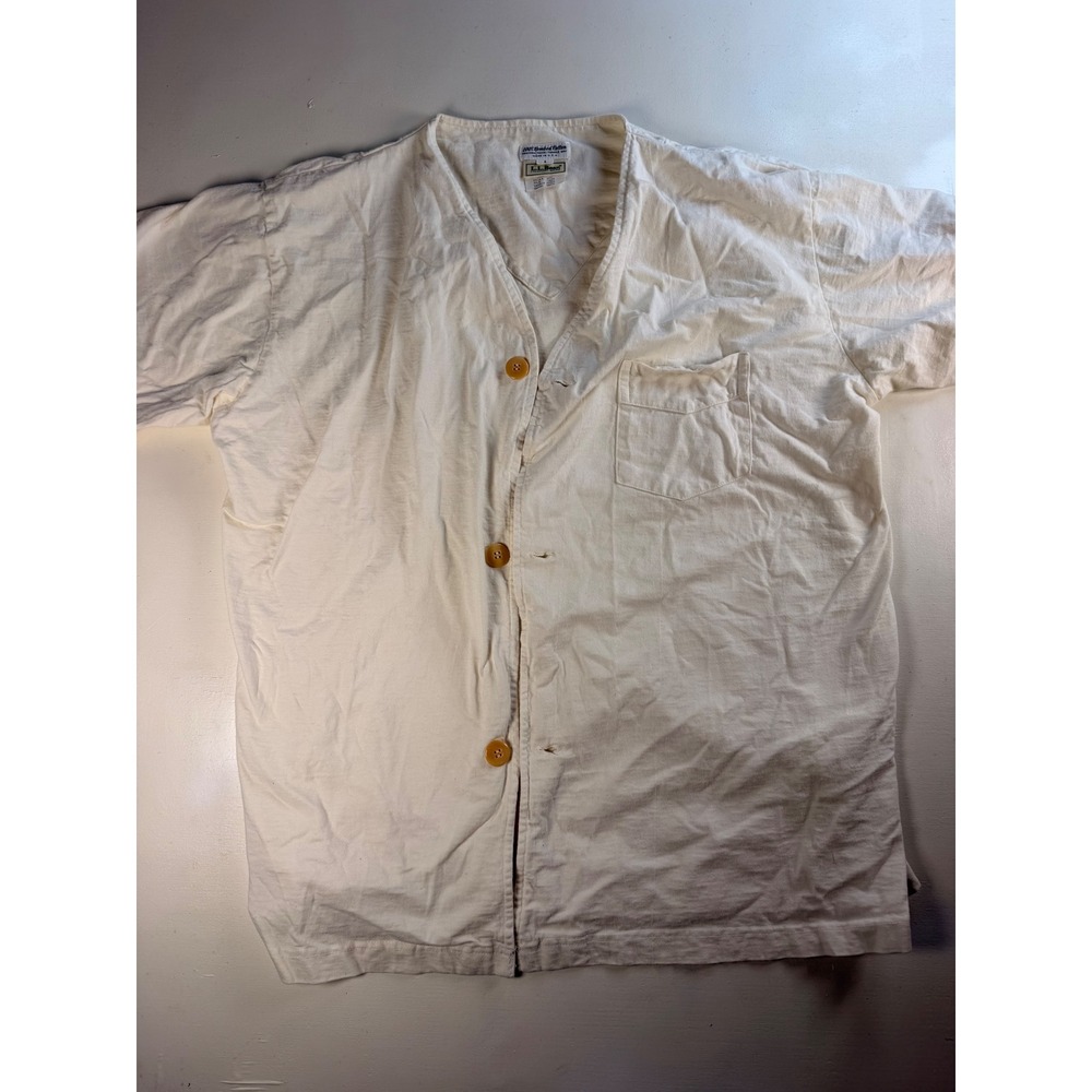 Vintage L.L. Bean Button Up Shirt Women Large Cream V-Neck Combed Cotton USA